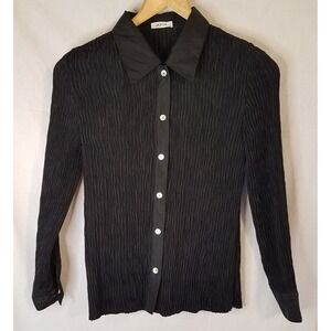 Vintage Y2K Jaipur Black Blouse Med Crinkle Long Sleeve 100% Silk Stretch Button